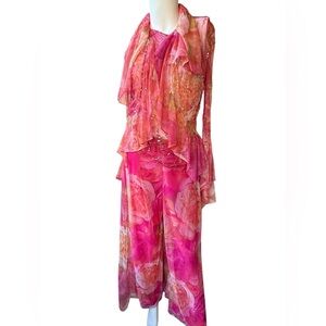 ELLIE SAAB bright fuchsia /sunburst beaded  mesh & silk 3 piece outfit 46/48